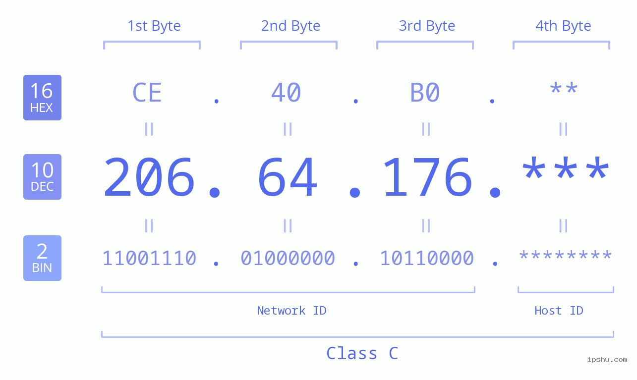 IP Address: 206.64.176 Data Structure Chart BIN DEC HEX IPv4: 206.64.176 Network Class, Net ID, Host ID