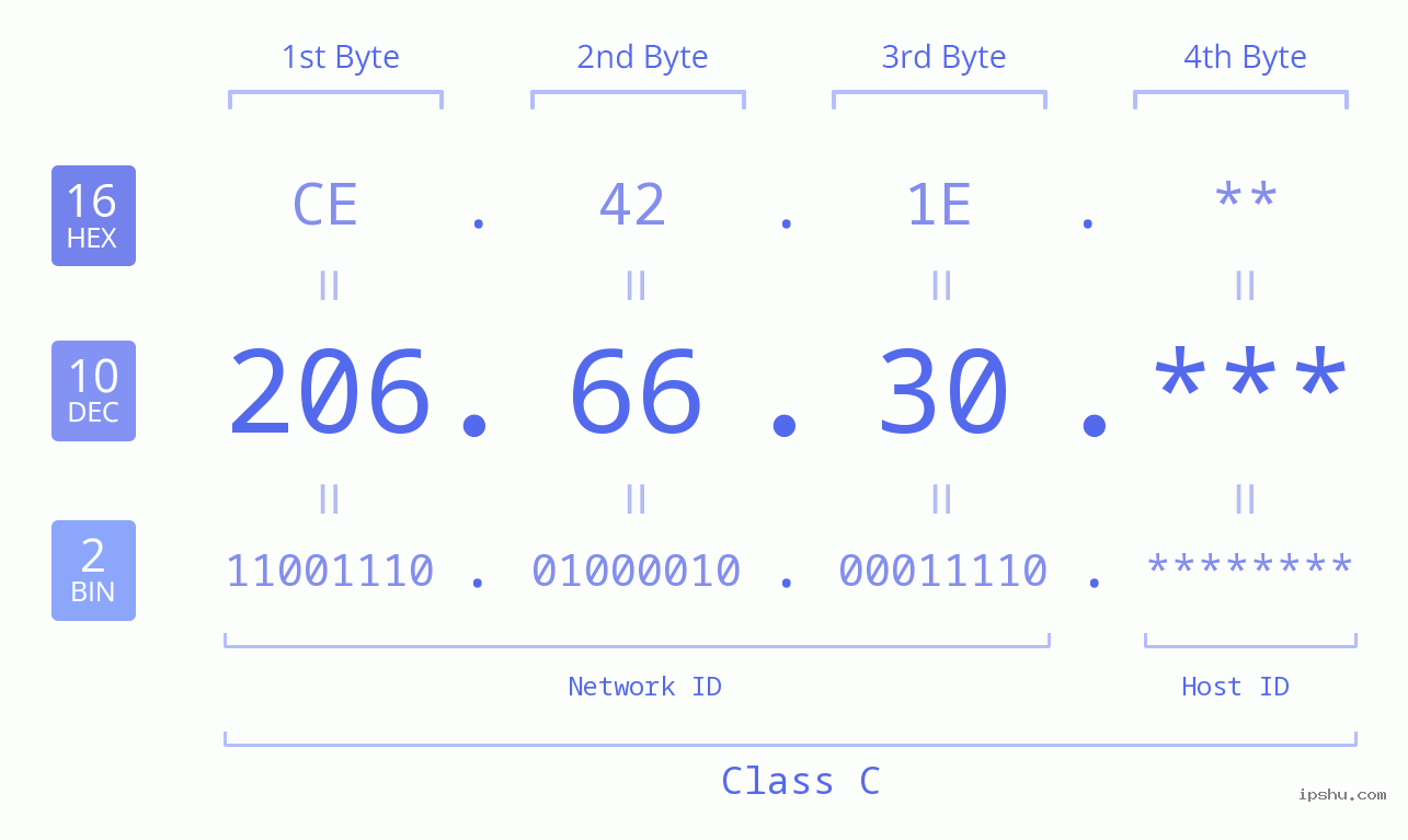 IP Address: 206.66.30 Data Structure Chart BIN DEC HEX IPv4: 206.66.30 Network Class, Net ID, Host ID