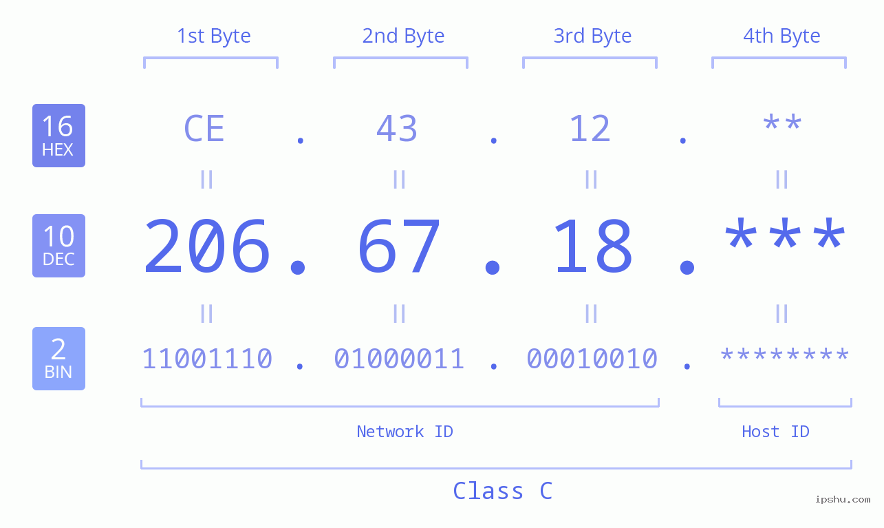 IP Address: 206.67.18 Data Structure Chart BIN DEC HEX IPv4: 206.67.18 Network Class, Net ID, Host ID