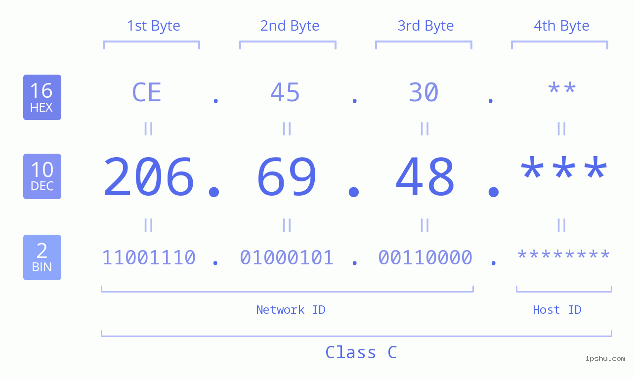 IP Address: 206.69.48 Data Structure Chart BIN DEC HEX IPv4: 206.69.48 Network Class, Net ID, Host ID