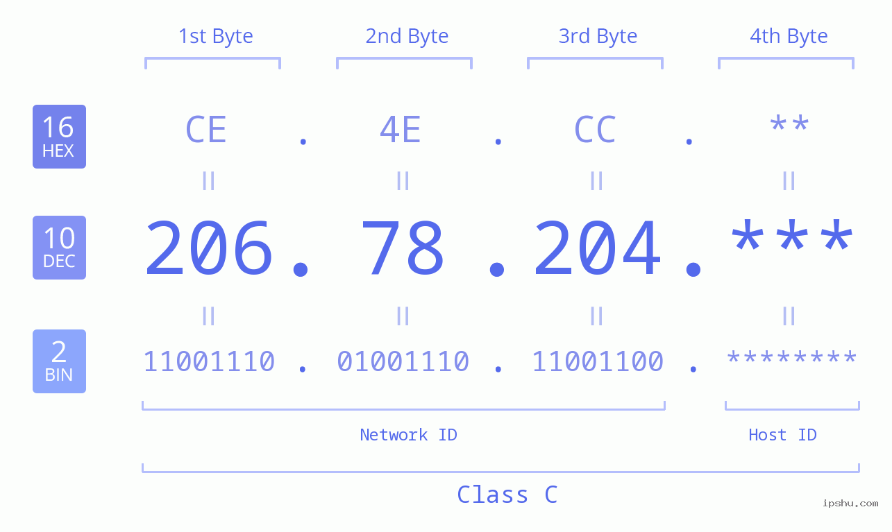 IP Address: 206.78.204 Data Structure Chart BIN DEC HEX IPv4: 206.78.204 Network Class, Net ID, Host ID