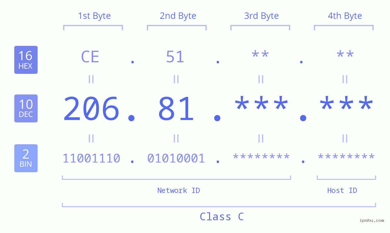 IP Address: 206.81 Data Structure Chart BIN DEC HEX IPv4: 206.81 Network Class, Net ID, Host ID
