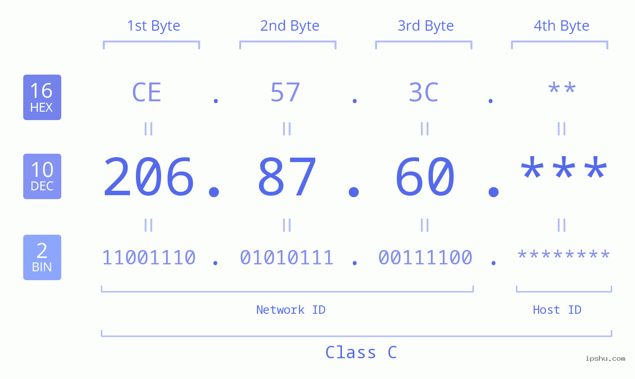 IP Address: 206.87.60 Data Structure Chart BIN DEC HEX IPv4: 206.87.60 Network Class, Net ID, Host ID