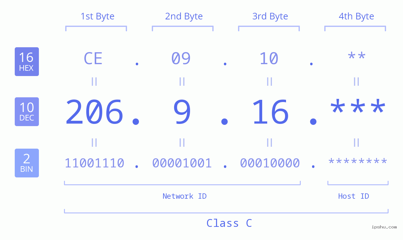 IP Address: 206.9.16 Data Structure Chart BIN DEC HEX IPv4: 206.9.16 Network Class, Net ID, Host ID