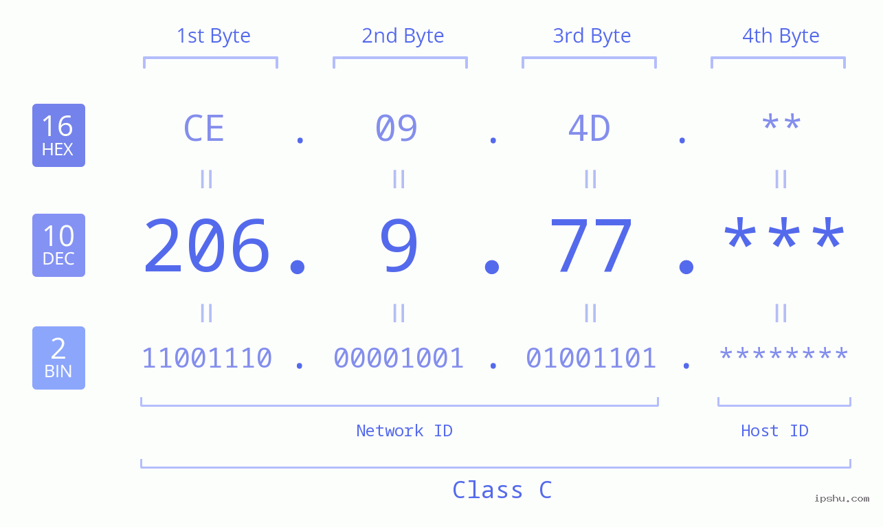 IP Address: 206.9.77 Data Structure Chart BIN DEC HEX IPv4: 206.9.77 Network Class, Net ID, Host ID