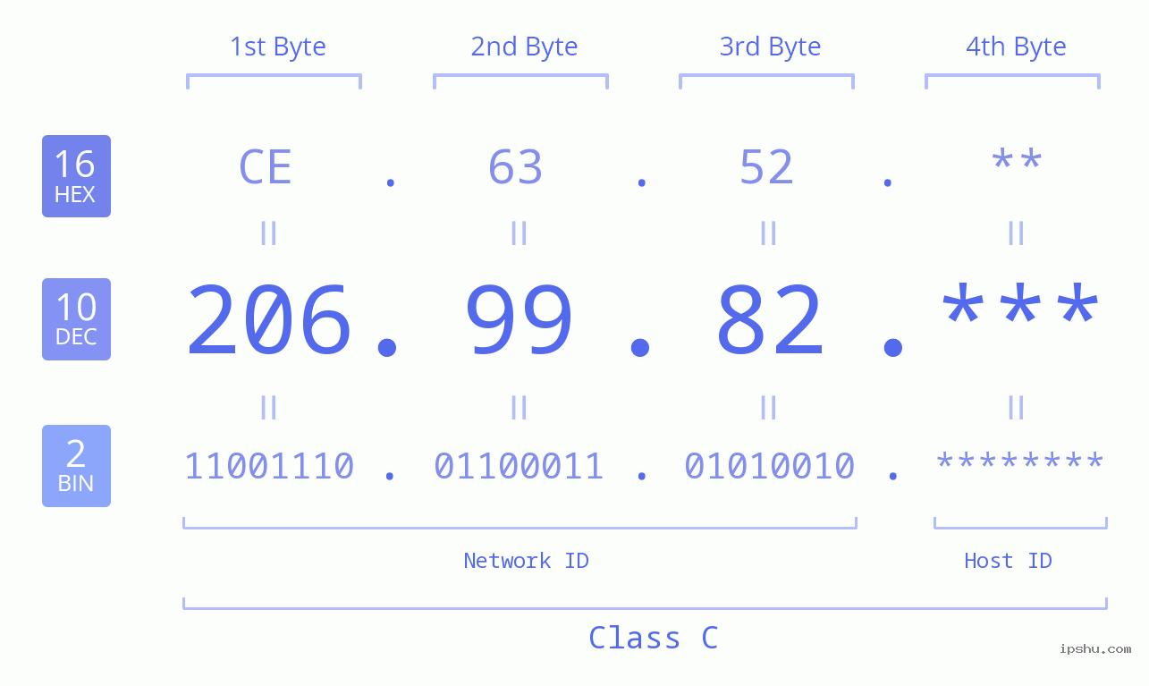 IP Address: 206.99.82 Data Structure Chart BIN DEC HEX IPv4: 206.99.82 Network Class, Net ID, Host ID
