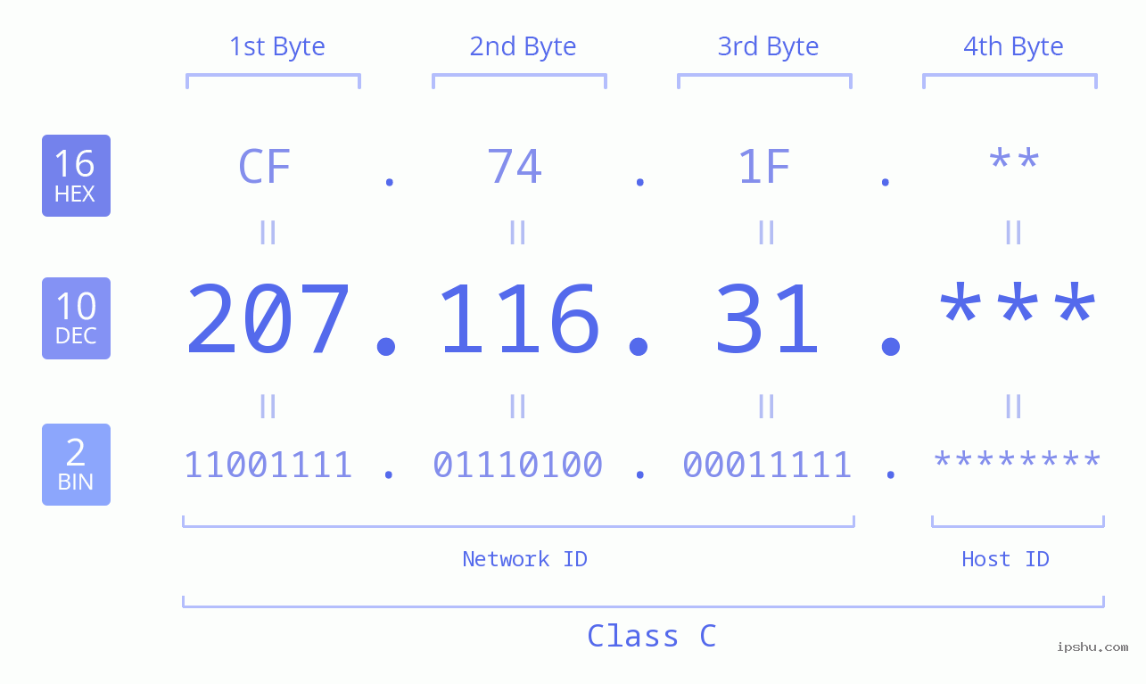IP Address: 207.116.31 Data Structure Chart BIN DEC HEX IPv4: 207.116.31 Network Class, Net ID, Host ID