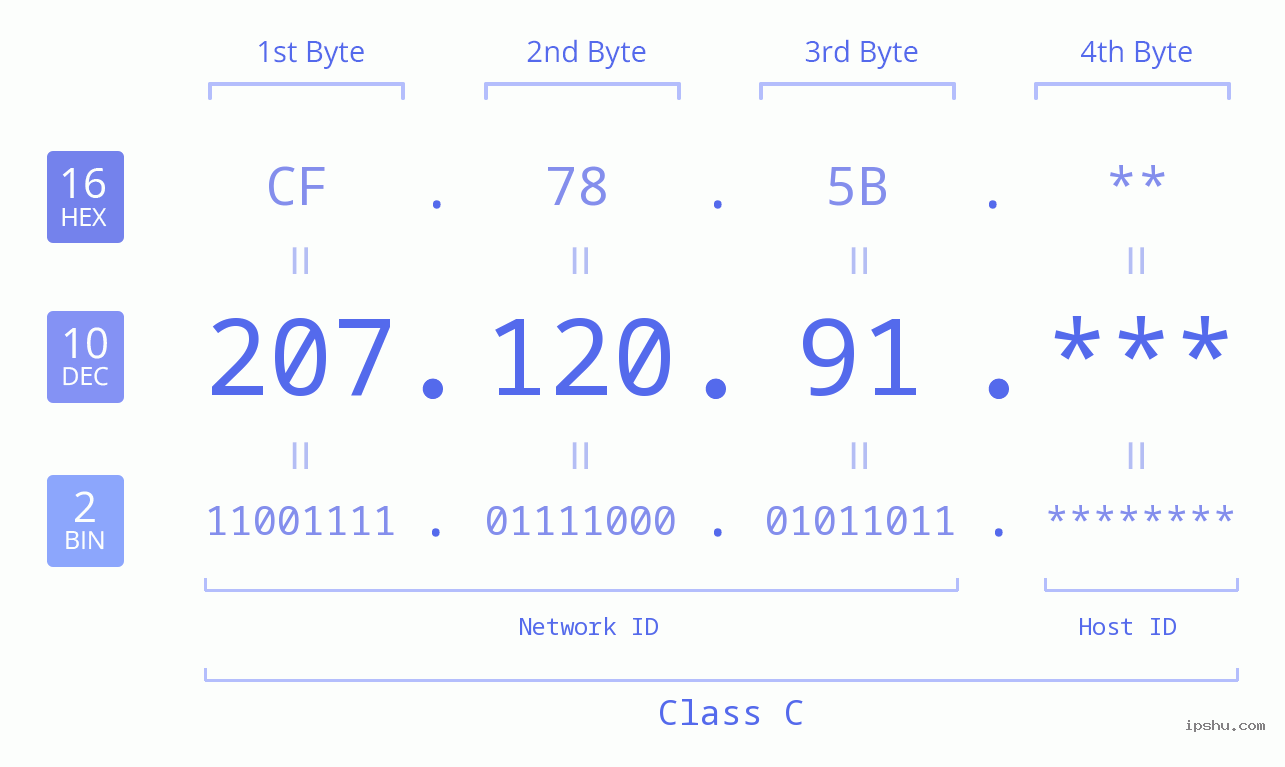 IP Address: 207.120.91 Data Structure Chart BIN DEC HEX IPv4: 207.120.91 Network Class, Net ID, Host ID