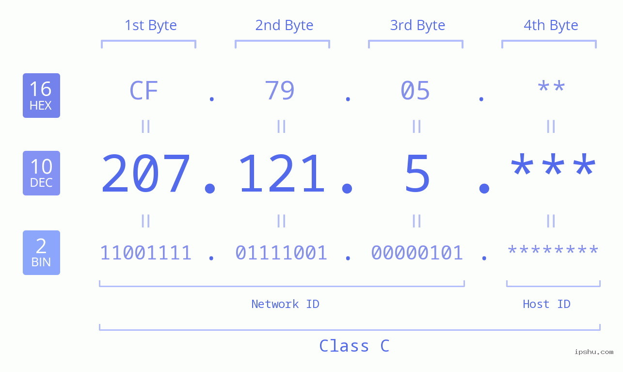 IP Address: 207.121.5 Data Structure Chart BIN DEC HEX IPv4: 207.121.5 Network Class, Net ID, Host ID