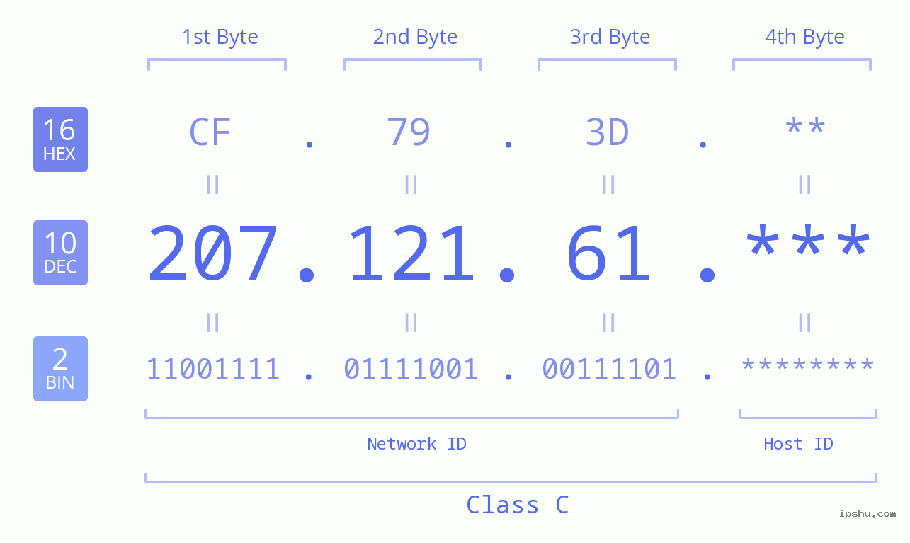 IP Address: 207.121.61 Data Structure Chart BIN DEC HEX IPv4: 207.121.61 Network Class, Net ID, Host ID