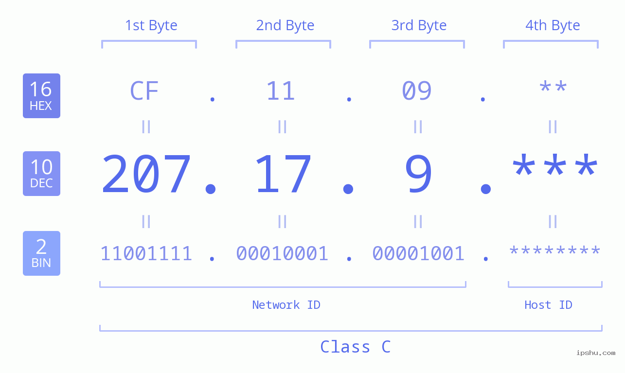 IP Address: 207.17.9 Data Structure Chart BIN DEC HEX IPv4: 207.17.9 Network Class, Net ID, Host ID