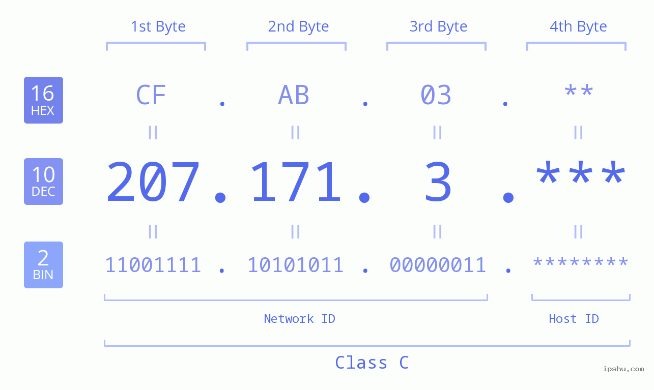 IP Address: 207.171.3 Data Structure Chart BIN DEC HEX IPv4: 207.171.3 Network Class, Net ID, Host ID