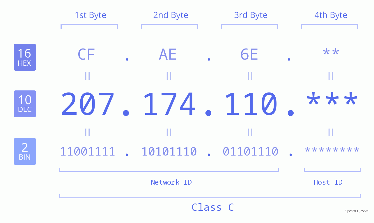 IP Address: 207.174.110 Data Structure Chart BIN DEC HEX IPv4: 207.174.110 Network Class, Net ID, Host ID