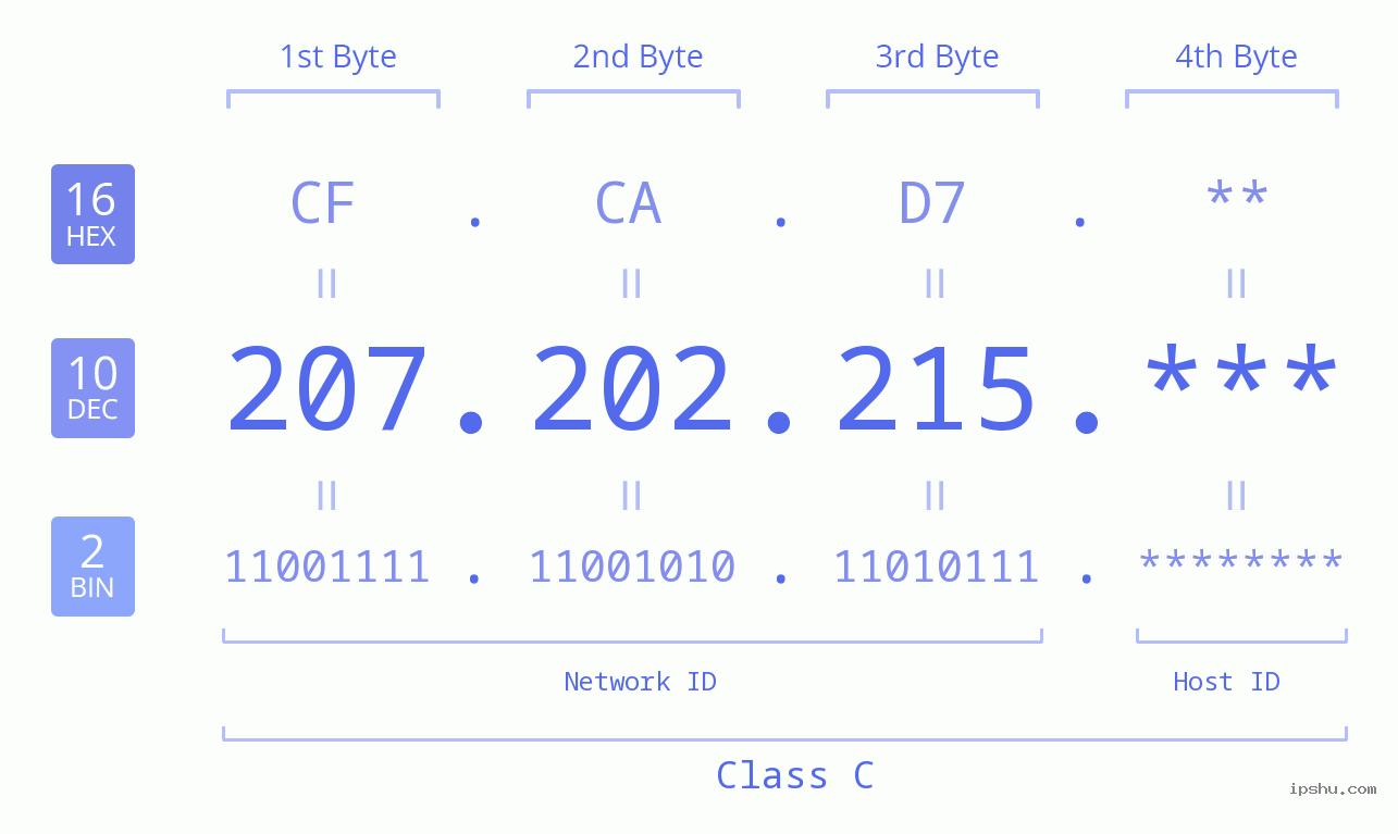 IP Address: 207.202.215 Data Structure Chart BIN DEC HEX IPv4: 207.202.215 Network Class, Net ID, Host ID