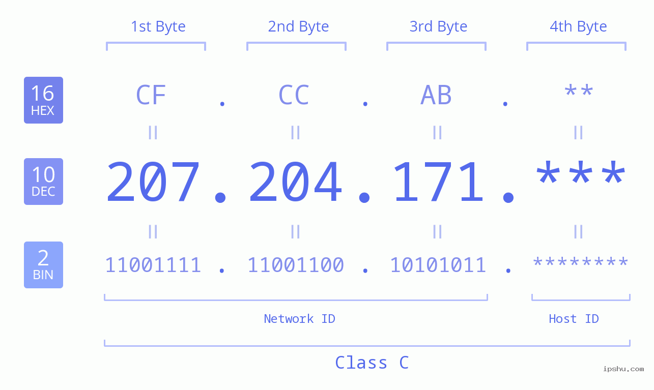 IP Address: 207.204.171 Data Structure Chart BIN DEC HEX IPv4: 207.204.171 Network Class, Net ID, Host ID