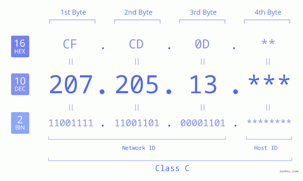 IP Address: 207.205.13 Data Structure Chart BIN DEC HEX IPv4: 207.205.13 Network Class, Net ID, Host ID