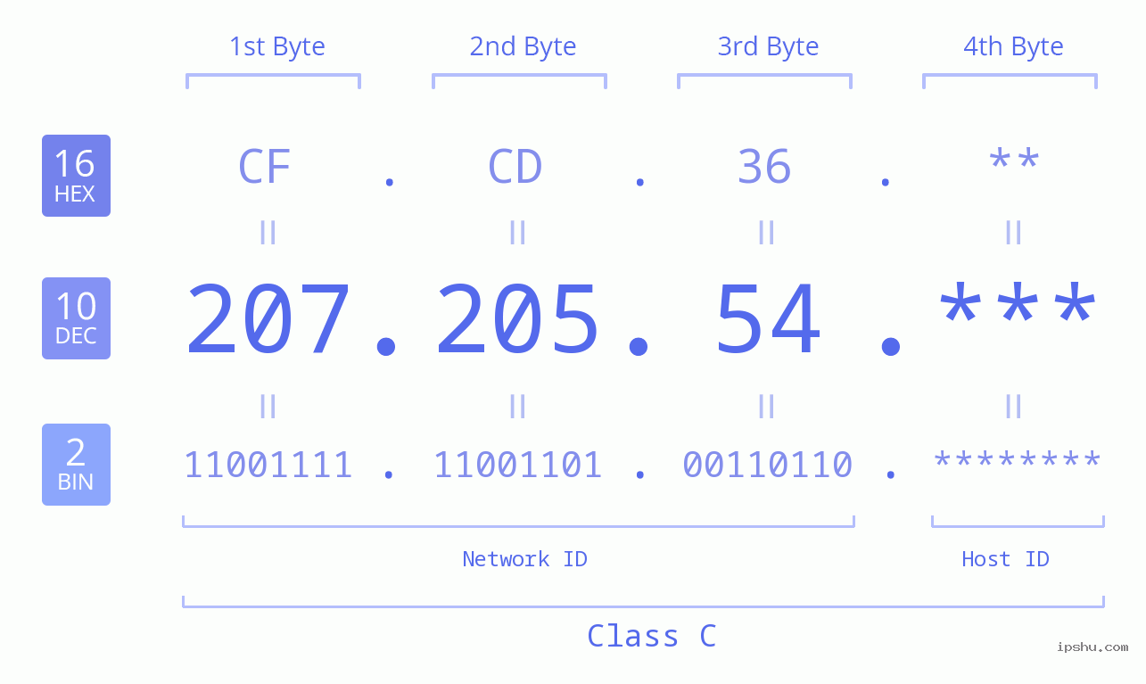 IP Address: 207.205.54 Data Structure Chart BIN DEC HEX IPv4: 207.205.54 Network Class, Net ID, Host ID