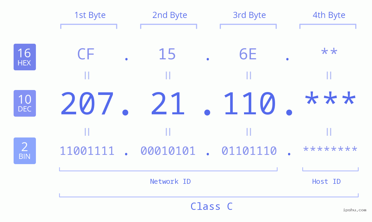 IP Address: 207.21.110 Data Structure Chart BIN DEC HEX IPv4: 207.21.110 Network Class, Net ID, Host ID