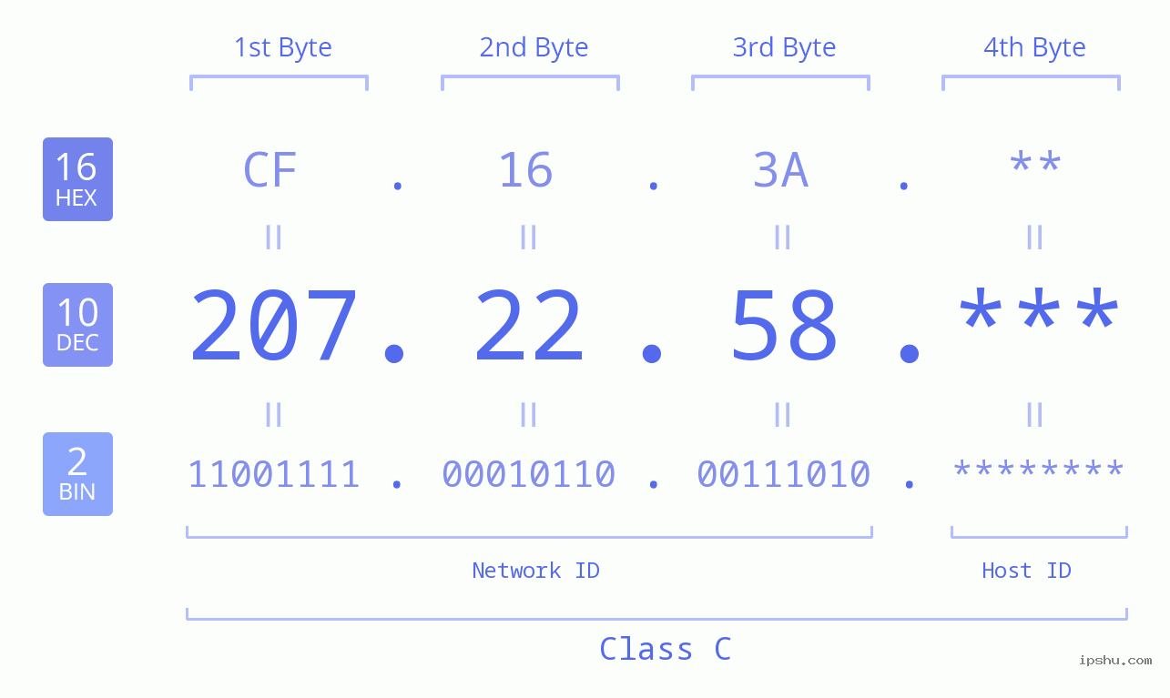 IP Address: 207.22.58 Data Structure Chart BIN DEC HEX IPv4: 207.22.58 Network Class, Net ID, Host ID