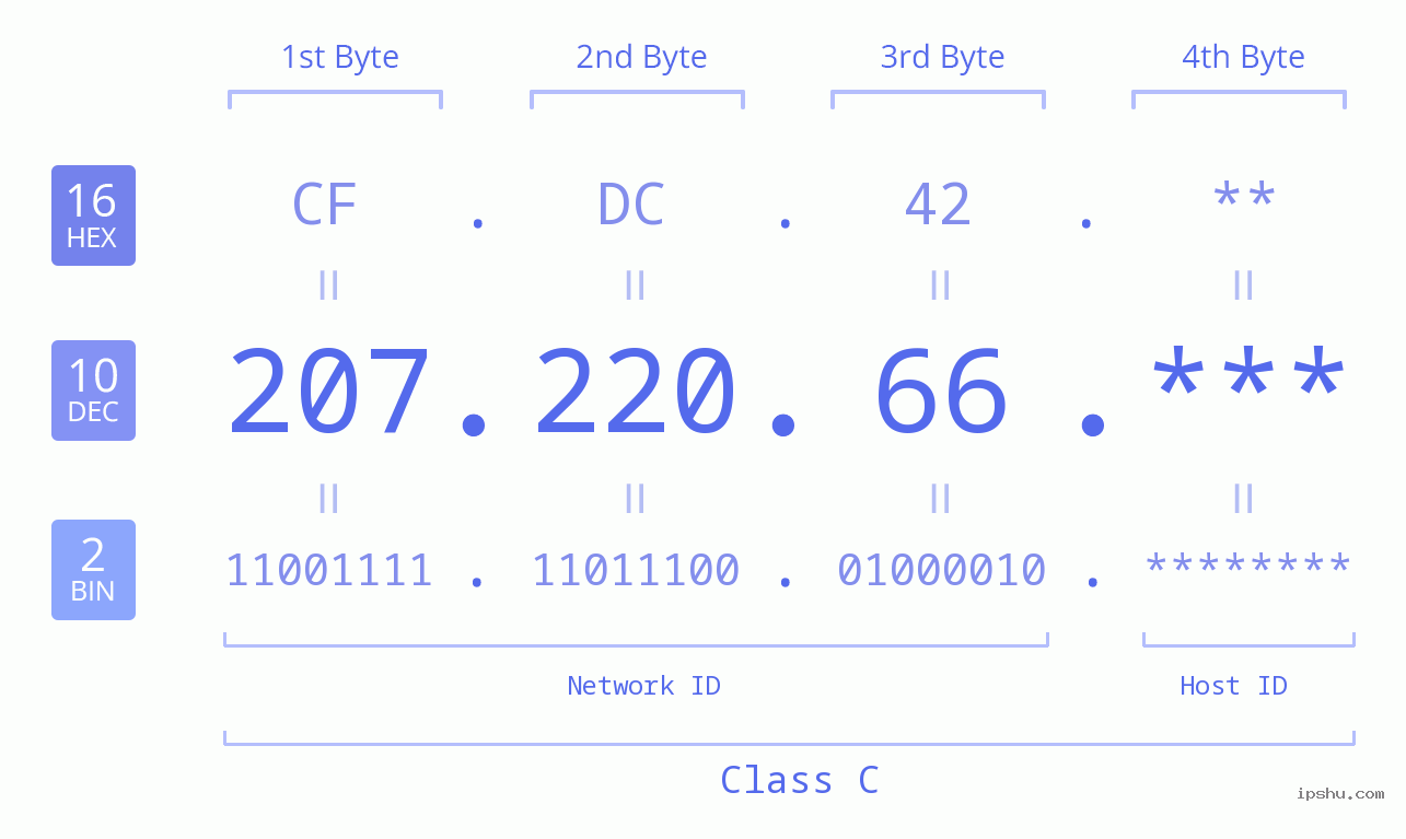 IP Address: 207.220.66 Data Structure Chart BIN DEC HEX IPv4: 207.220.66 Network Class, Net ID, Host ID