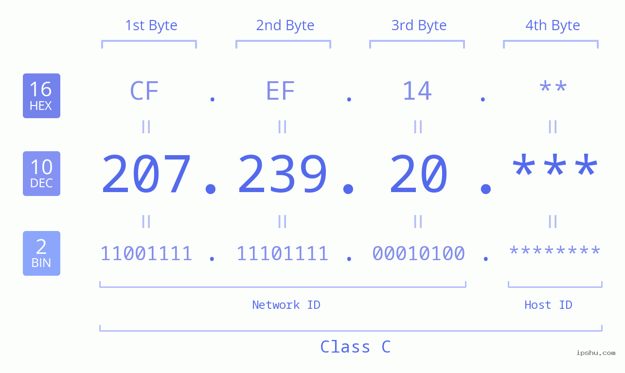 IP Address: 207.239.20 Data Structure Chart BIN DEC HEX IPv4: 207.239.20 Network Class, Net ID, Host ID
