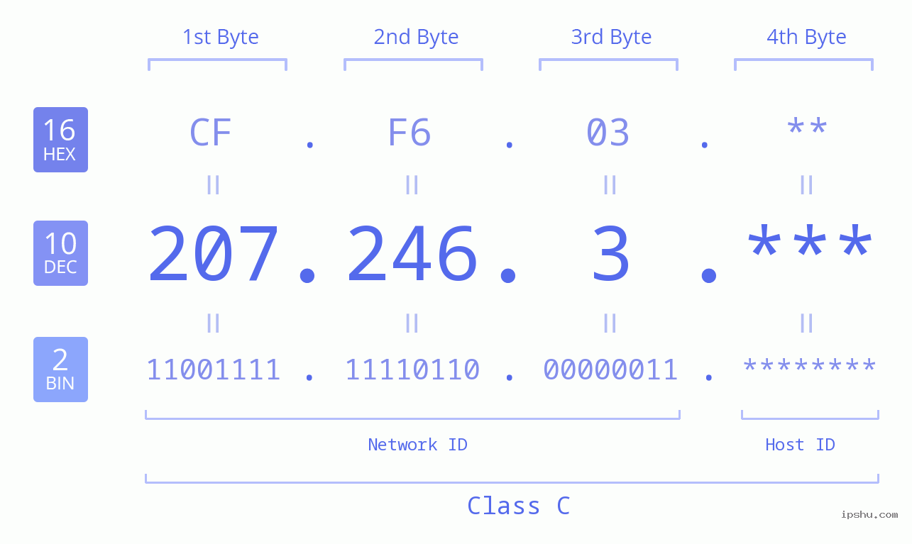IP Address: 207.246.3 Data Structure Chart BIN DEC HEX IPv4: 207.246.3 Network Class, Net ID, Host ID