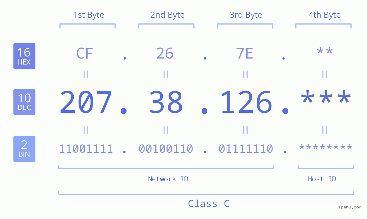 IP Address: 207.38.126 Data Structure Chart BIN DEC HEX IPv4: 207.38.126 Network Class, Net ID, Host ID