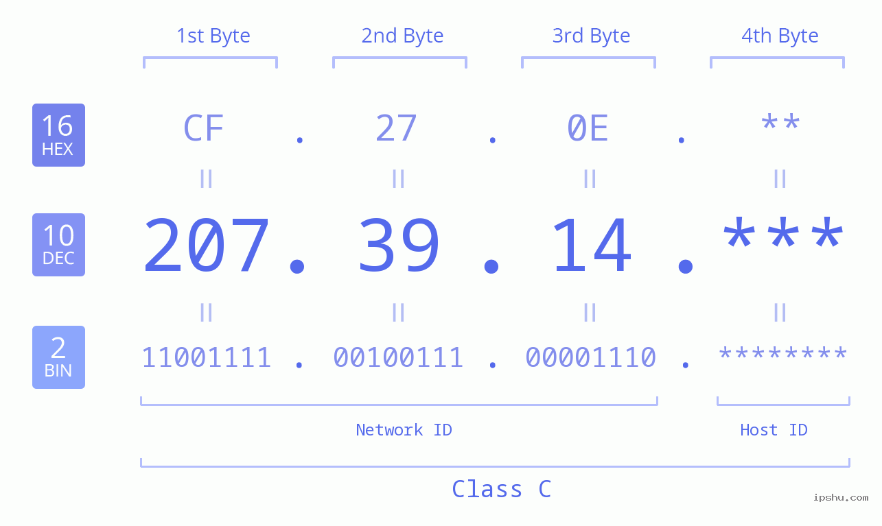 IP Address: 207.39.14 Data Structure Chart BIN DEC HEX IPv4: 207.39.14 Network Class, Net ID, Host ID