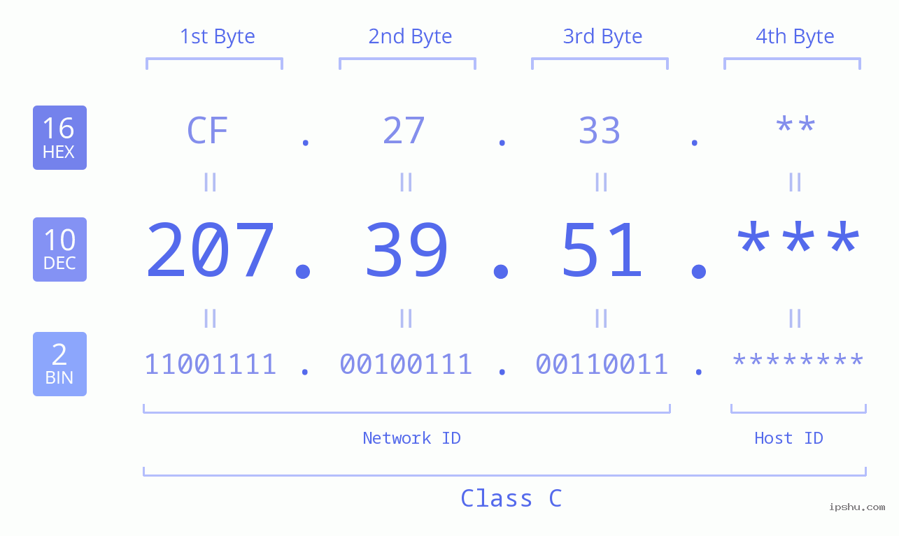 IP Address: 207.39.51 Data Structure Chart BIN DEC HEX IPv4: 207.39.51 Network Class, Net ID, Host ID