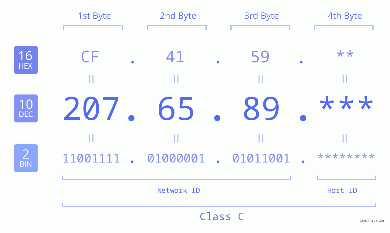 IP Address: 207.65.89 Data Structure Chart BIN DEC HEX IPv4: 207.65.89 Network Class, Net ID, Host ID