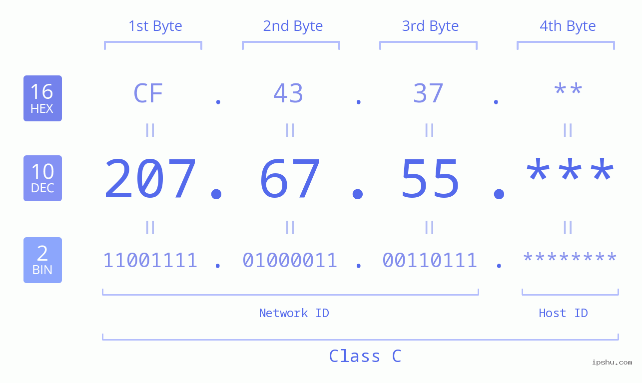 IP Address: 207.67.55 Data Structure Chart BIN DEC HEX IPv4: 207.67.55 Network Class, Net ID, Host ID