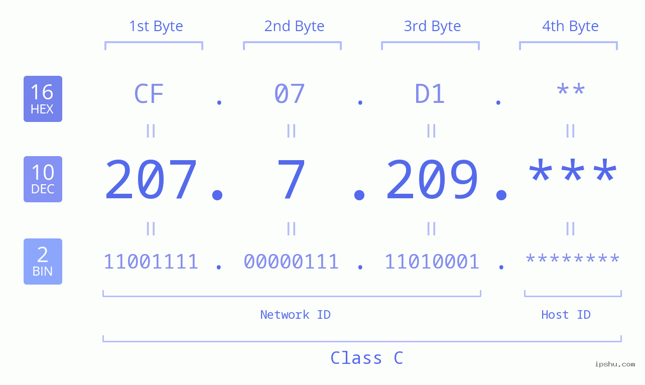IP Address: 207.7.209 Data Structure Chart BIN DEC HEX IPv4: 207.7.209 Network Class, Net ID, Host ID