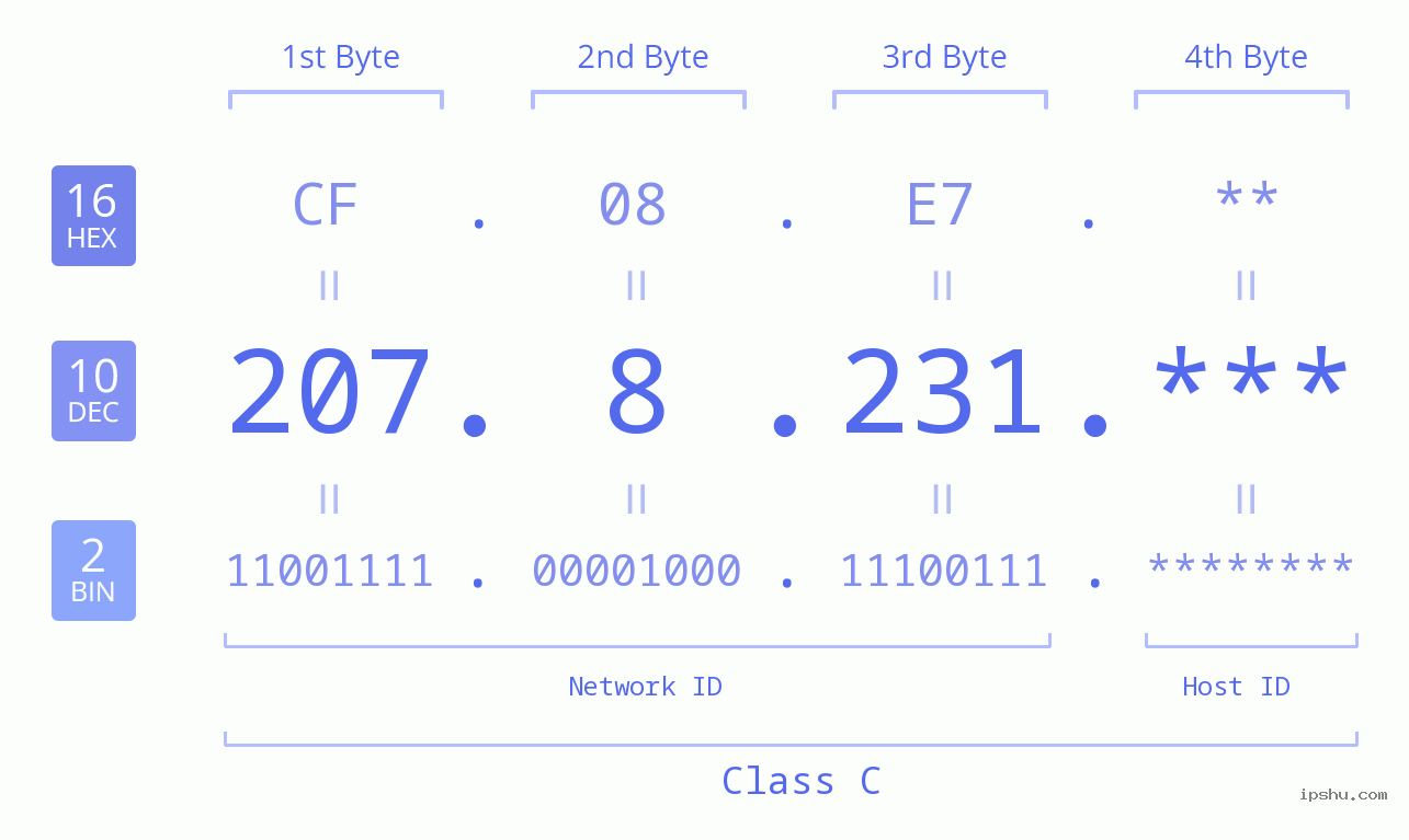 IP Address: 207.8.231 Data Structure Chart BIN DEC HEX IPv4: 207.8.231 Network Class, Net ID, Host ID