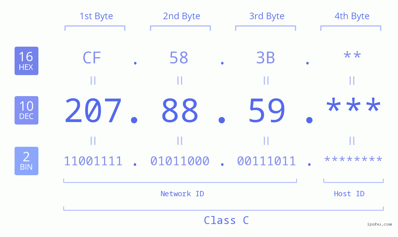 IP Address: 207.88.59 Data Structure Chart BIN DEC HEX IPv4: 207.88.59 Network Class, Net ID, Host ID