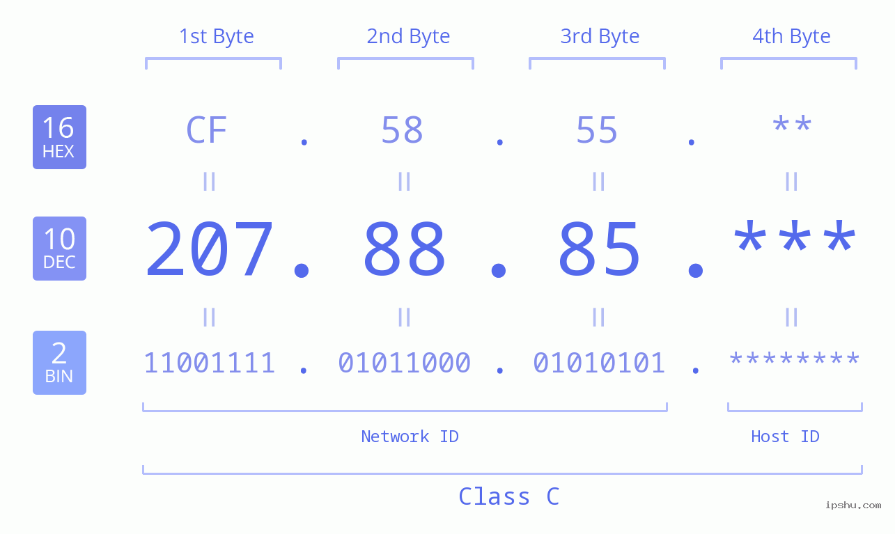 IP Address: 207.88.85 Data Structure Chart BIN DEC HEX IPv4: 207.88.85 Network Class, Net ID, Host ID