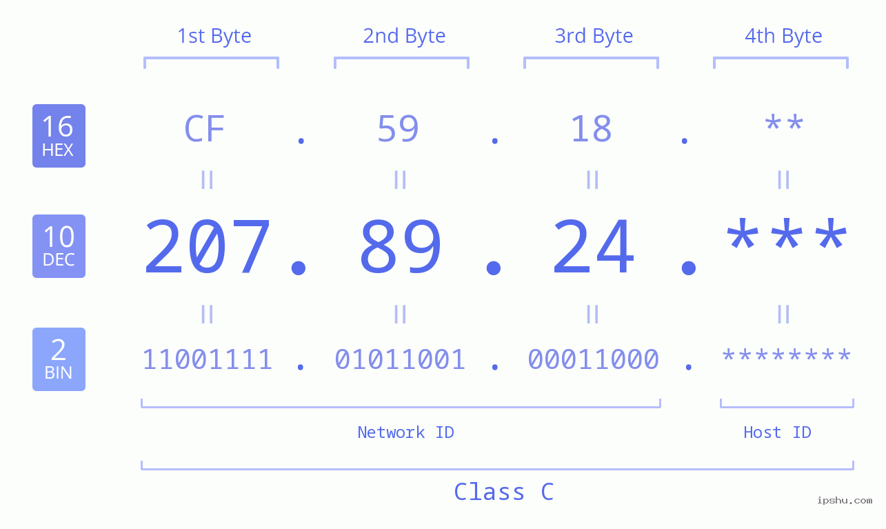 IP Address: 207.89.24 Data Structure Chart BIN DEC HEX IPv4: 207.89.24 Network Class, Net ID, Host ID
