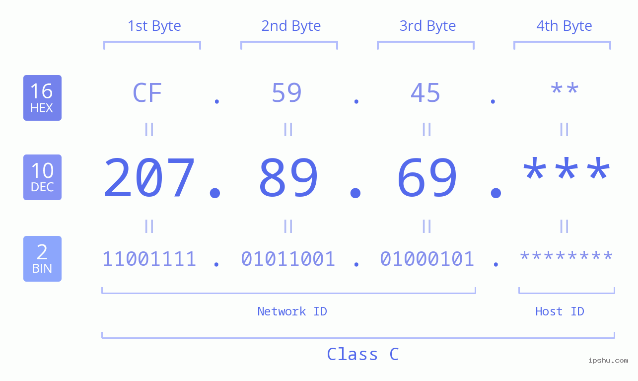 IP Address: 207.89.69 Data Structure Chart BIN DEC HEX IPv4: 207.89.69 Network Class, Net ID, Host ID