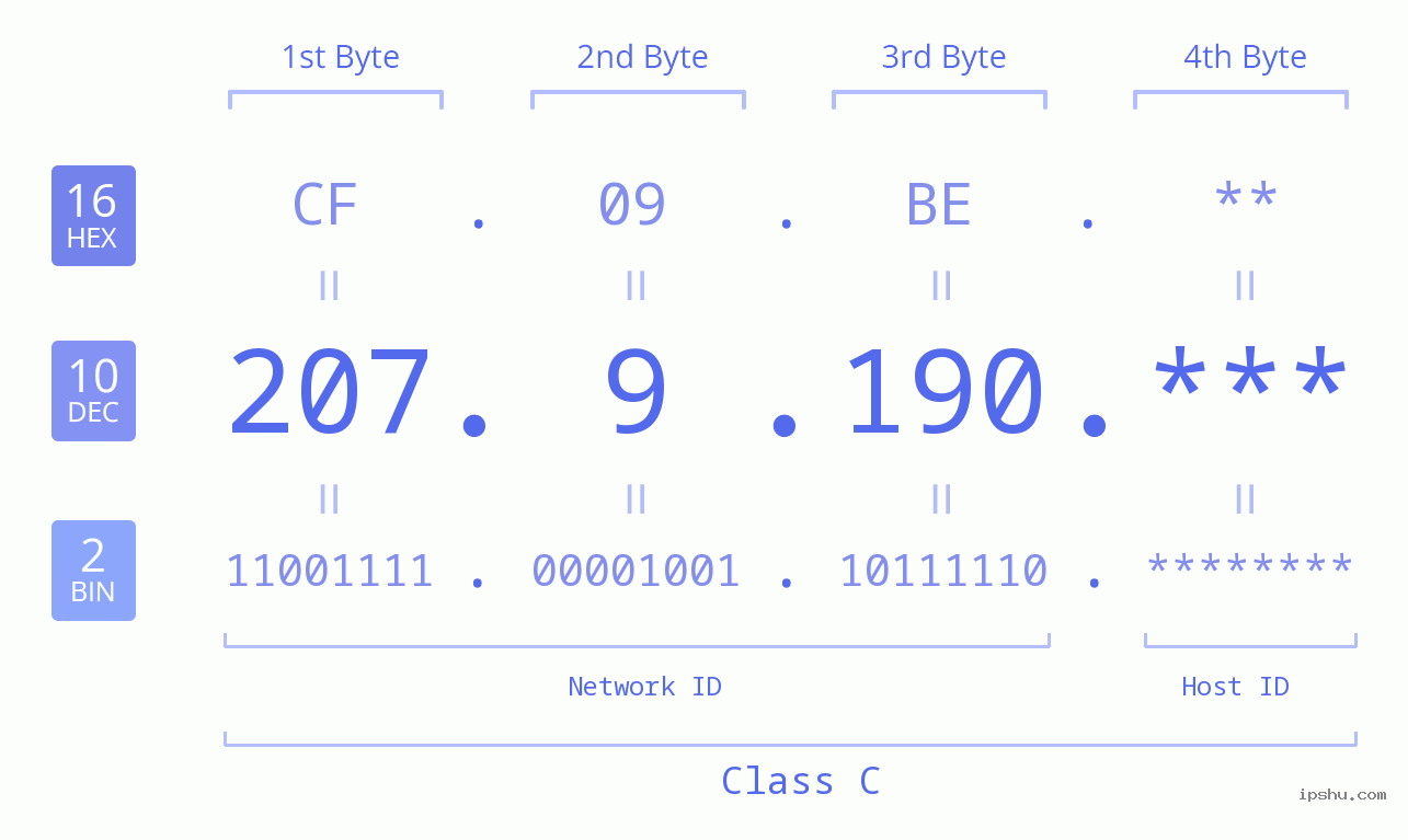 IP Address: 207.9.190 Data Structure Chart BIN DEC HEX IPv4: 207.9.190 Network Class, Net ID, Host ID