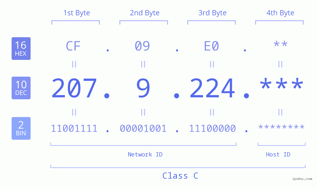 IP Address: 207.9.224 Data Structure Chart BIN DEC HEX IPv4: 207.9.224 Network Class, Net ID, Host ID