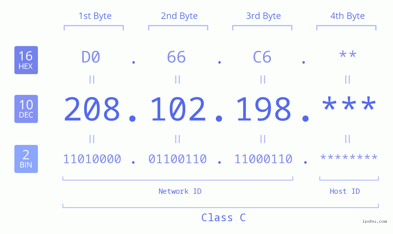 IP Address: 208.102.198 Data Structure Chart BIN DEC HEX IPv4: 208.102.198 Network Class, Net ID, Host ID