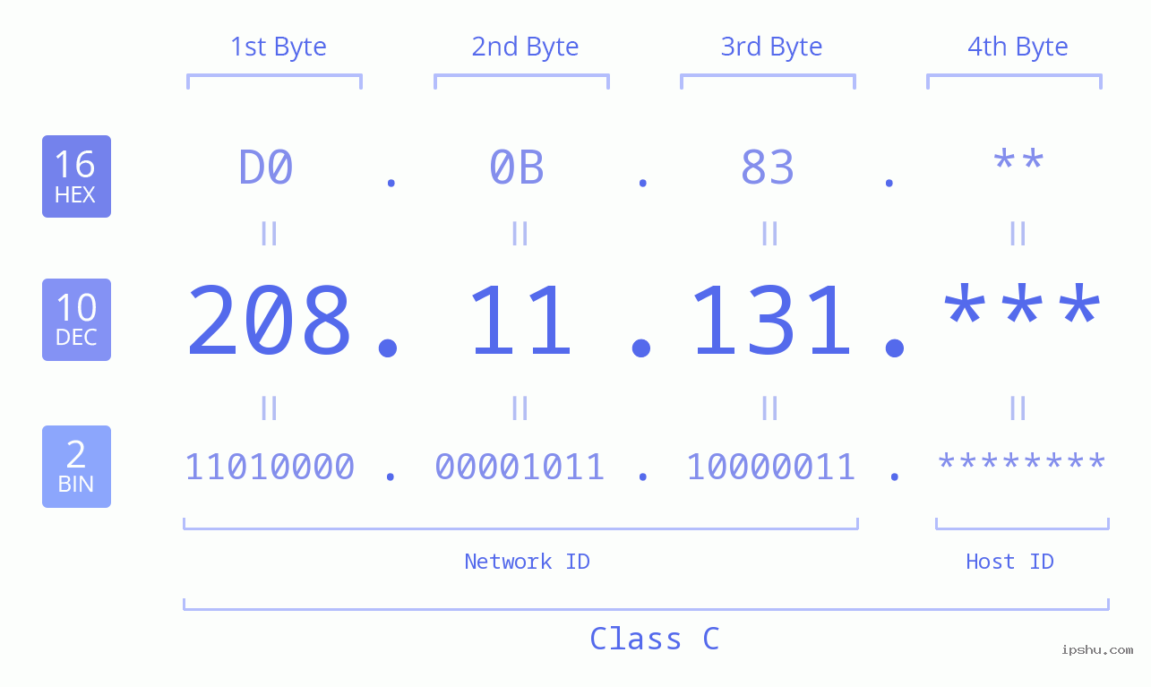 IP Address: 208.11.131 Data Structure Chart BIN DEC HEX IPv4: 208.11.131 Network Class, Net ID, Host ID