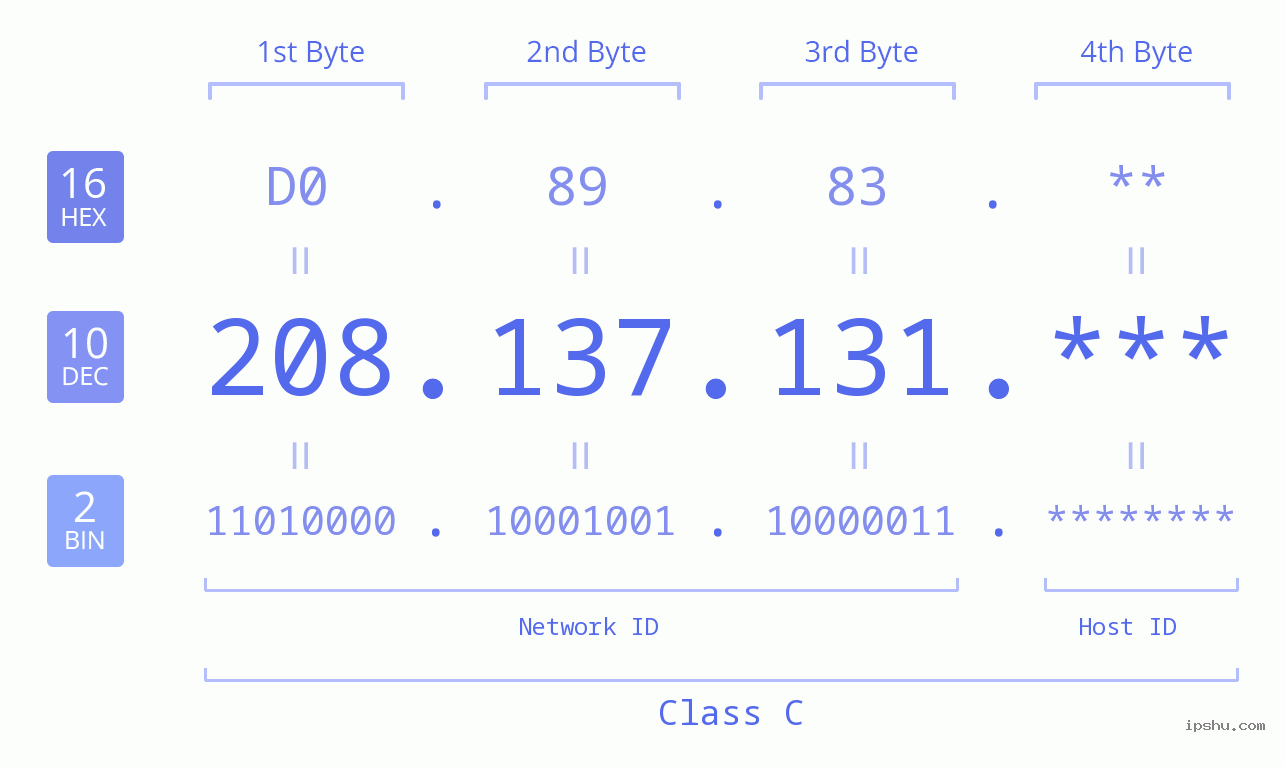 IP Address: 208.137.131 Data Structure Chart BIN DEC HEX IPv4: 208.137.131 Network Class, Net ID, Host ID