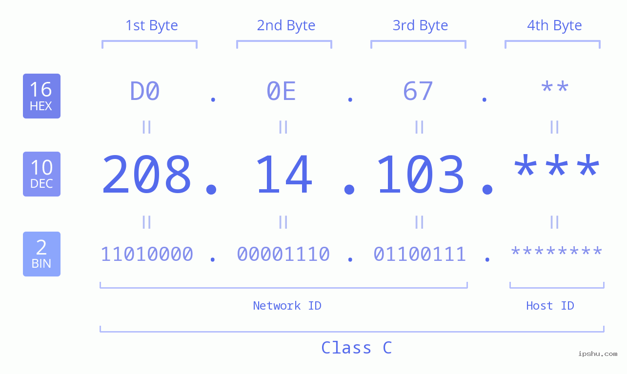 IP Address: 208.14.103 Data Structure Chart BIN DEC HEX IPv4: 208.14.103 Network Class, Net ID, Host ID