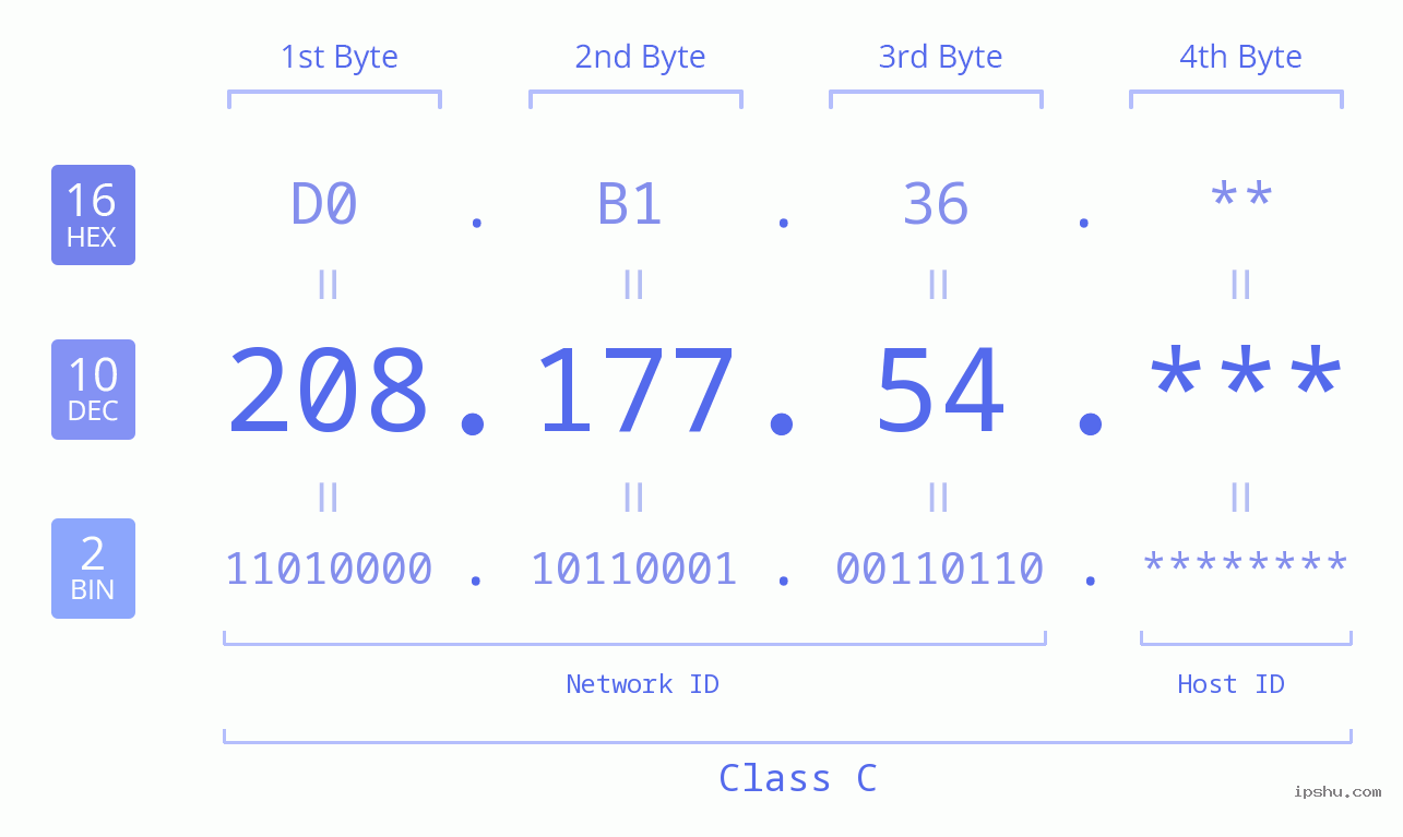 IP Address: 208.177.54 Data Structure Chart BIN DEC HEX IPv4: 208.177.54 Network Class, Net ID, Host ID