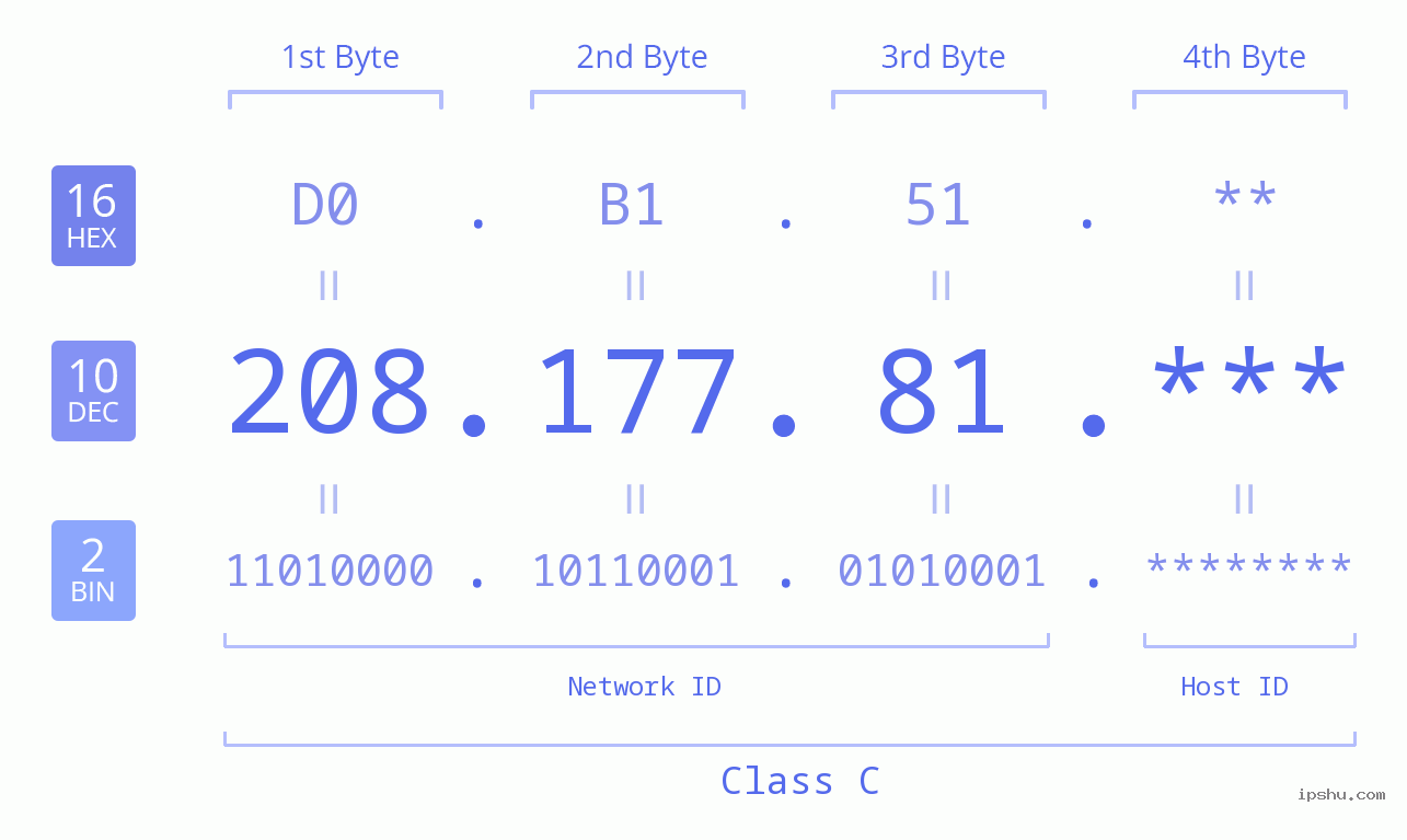 IP Address: 208.177.81 Data Structure Chart BIN DEC HEX IPv4: 208.177.81 Network Class, Net ID, Host ID