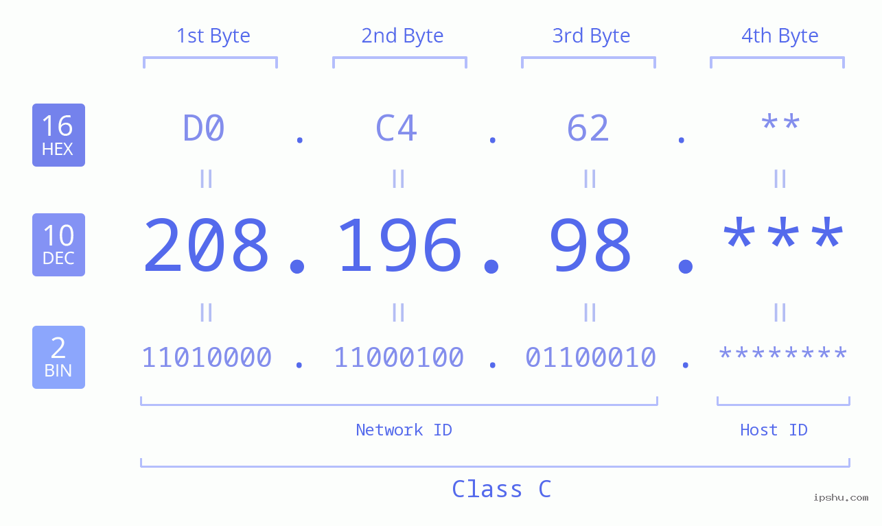 IP Address: 208.196.98 Data Structure Chart BIN DEC HEX IPv4: 208.196.98 Network Class, Net ID, Host ID