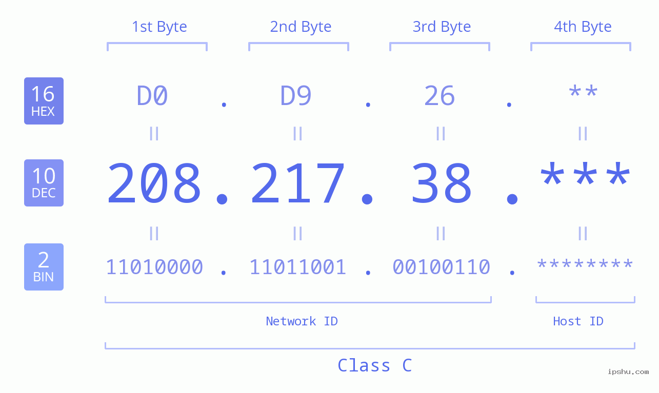 IP Address: 208.217.38 Data Structure Chart BIN DEC HEX IPv4: 208.217.38 Network Class, Net ID, Host ID