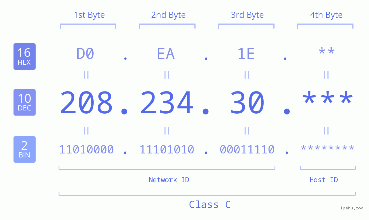 IP Address: 208.234.30 Data Structure Chart BIN DEC HEX IPv4: 208.234.30 Network Class, Net ID, Host ID