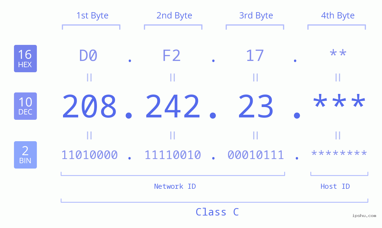 IP Address: 208.242.23 Data Structure Chart BIN DEC HEX IPv4: 208.242.23 Network Class, Net ID, Host ID