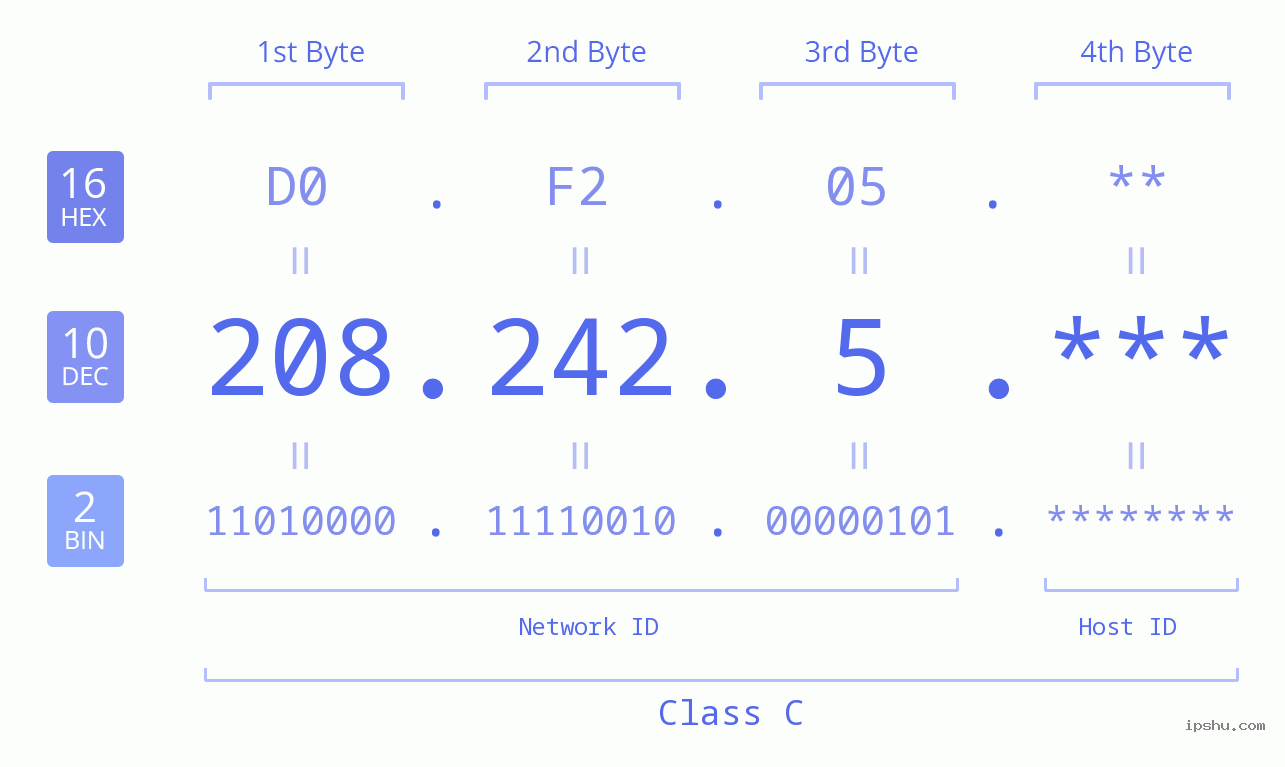 IP Address: 208.242.5 Data Structure Chart BIN DEC HEX IPv4: 208.242.5 Network Class, Net ID, Host ID